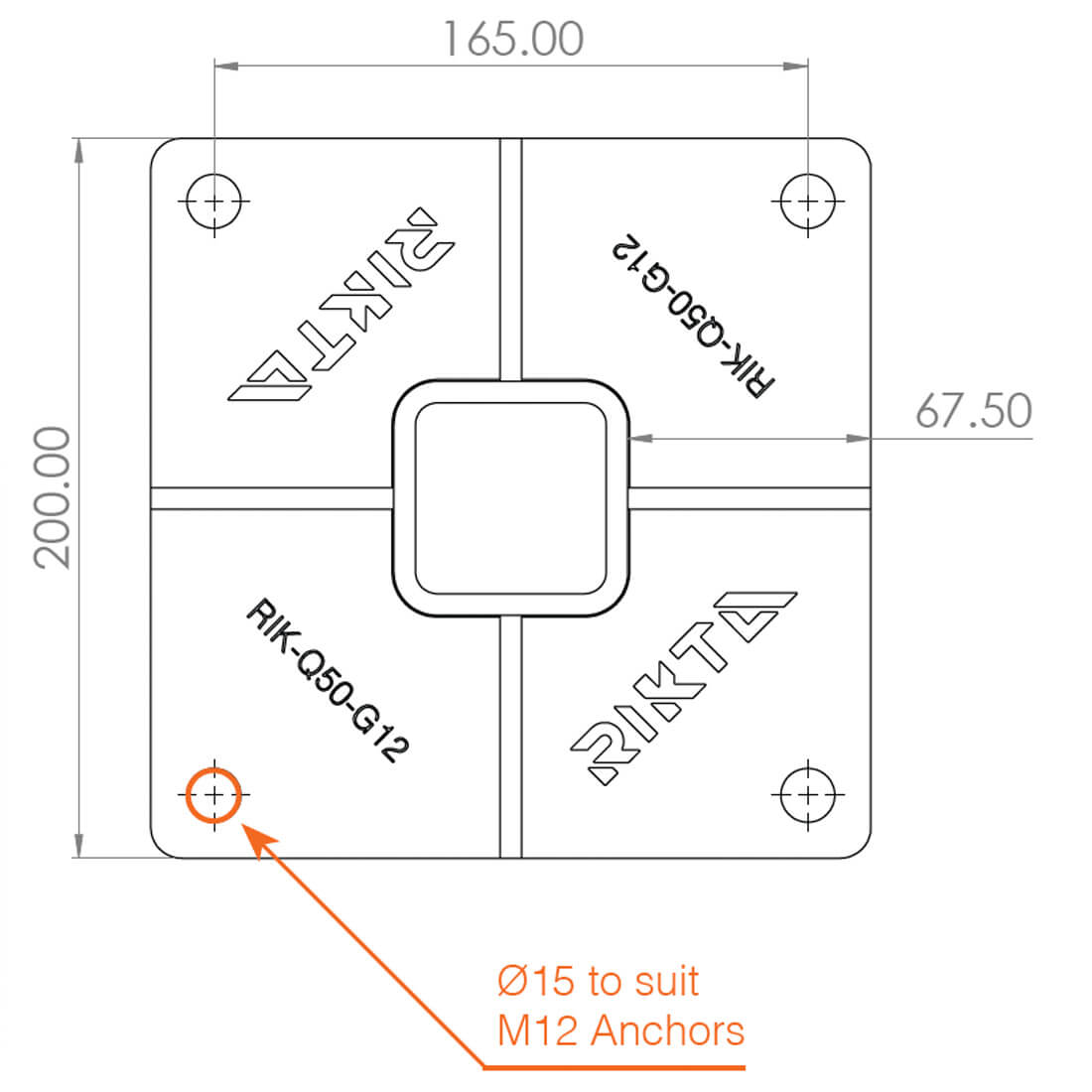 RIK-Q50-G12 Gusseted Base Plate dimensions top