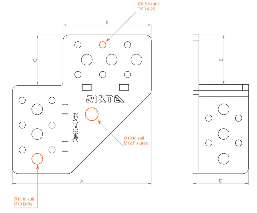 Q50-J22 Open Flanged SHS Joiner Dimensions